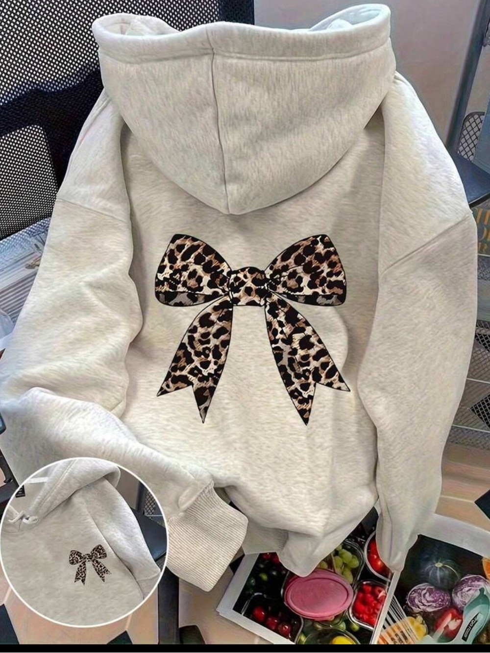 Animal print bow detail hoodie